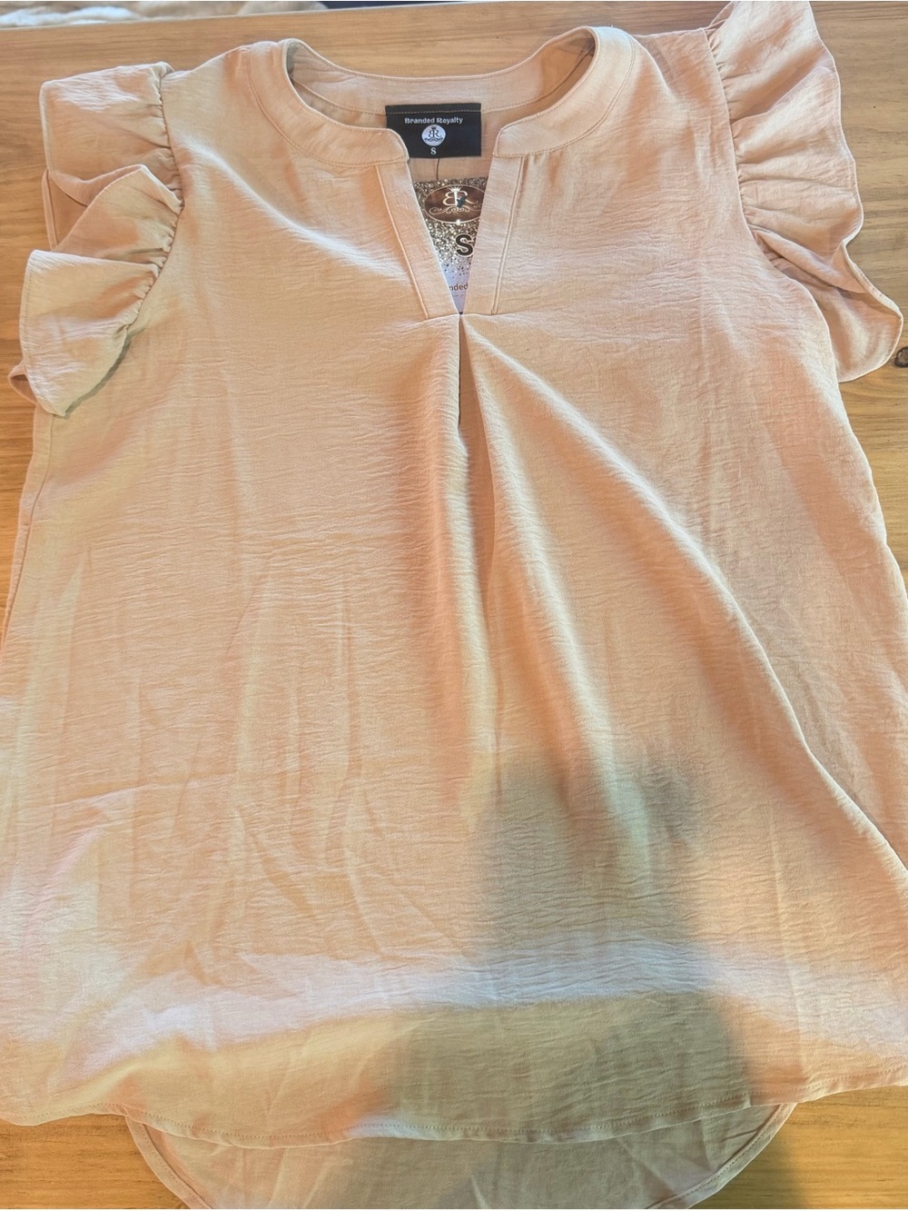 Ruffled Sleeve Peach Blouse with V-Notch Neck